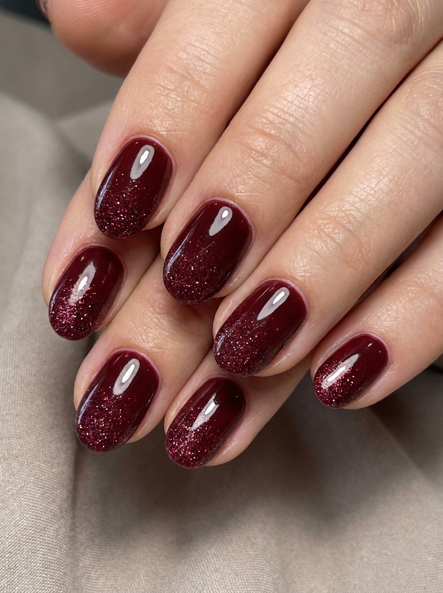Dark Cherry Glitter Fade als Dunkelrote Nägel Ideen Inspiration 2026